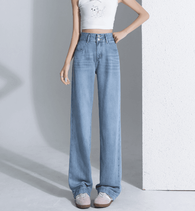 骨格ナチュラルWボタン美脚ワイドレックデニムパンツ