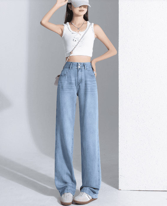 骨格ナチュラルWボタン美脚ワイドレックデニムパンツ