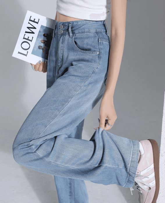 骨格ナチュラルWボタン美脚ワイドレックデニムパンツ