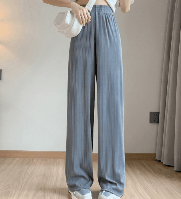 骨格ナチュラルアイスシルクリブプリーツワイドパンツ