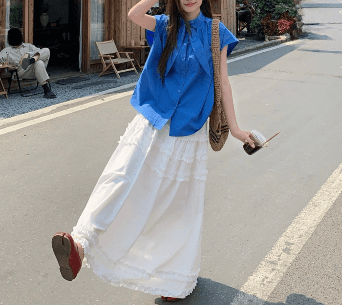 骨格ナチュラルフレンチスリーブボータイスタンドカラーブラウス