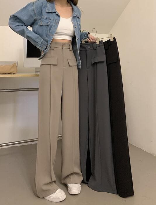 骨格ナチュラルフロントフラップポケットワイドパンツ