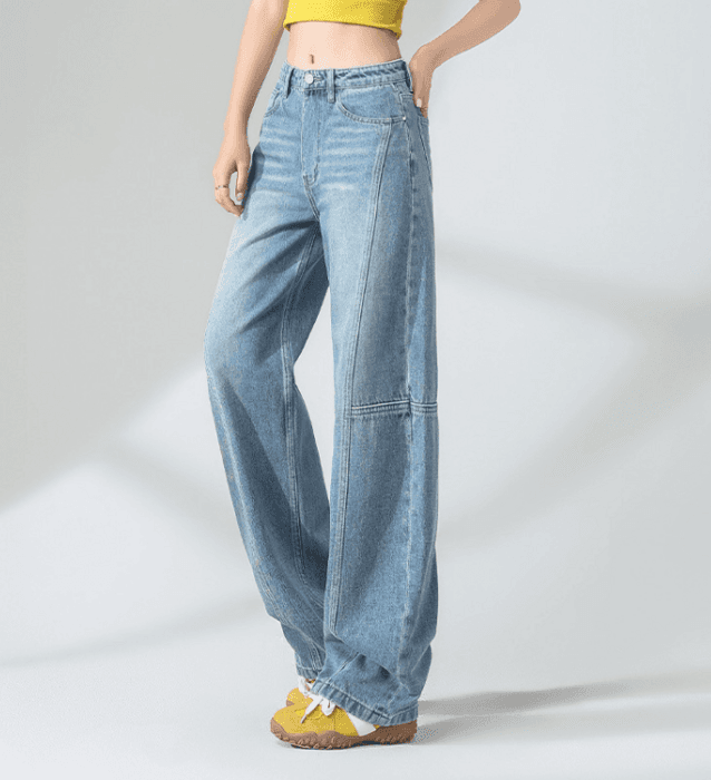 骨格ナチュラル切り替えステッチワイドデニムパンツ