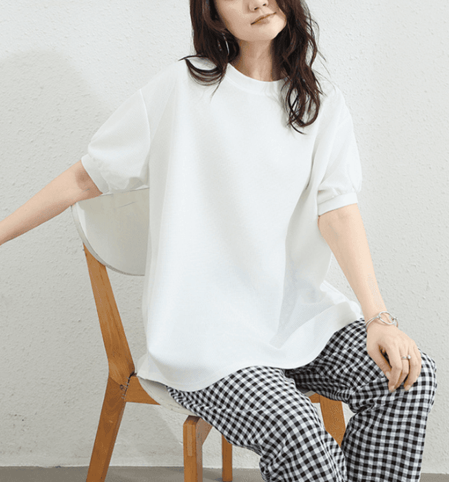 骨格ナチュラルラウンドネックパフスリーブチュニックトップス