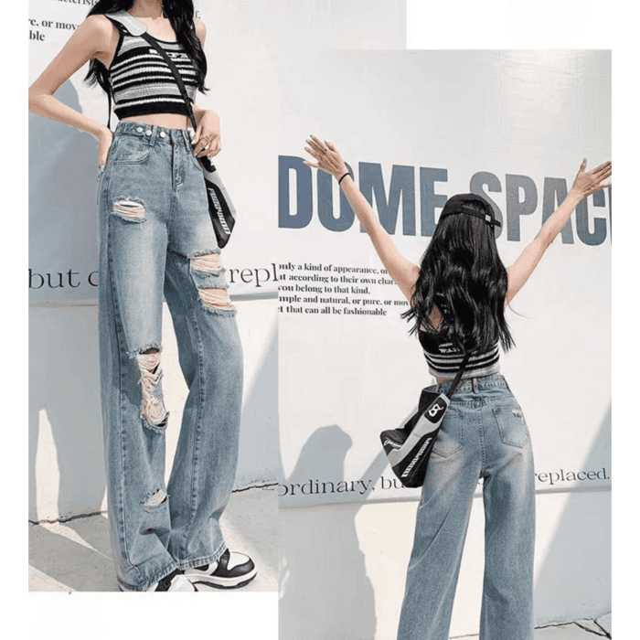 骨格ナチュラルクラッシュ加工ストレートワイドデニムパンツ
