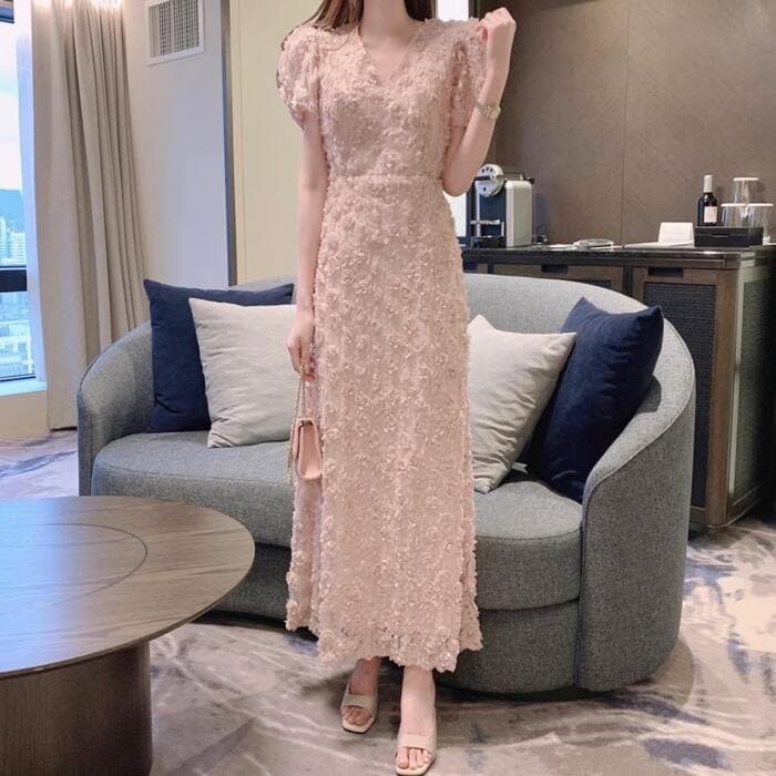 骨格ナチュラルパフスリーブVネック総フラワーレースデザインワンピース