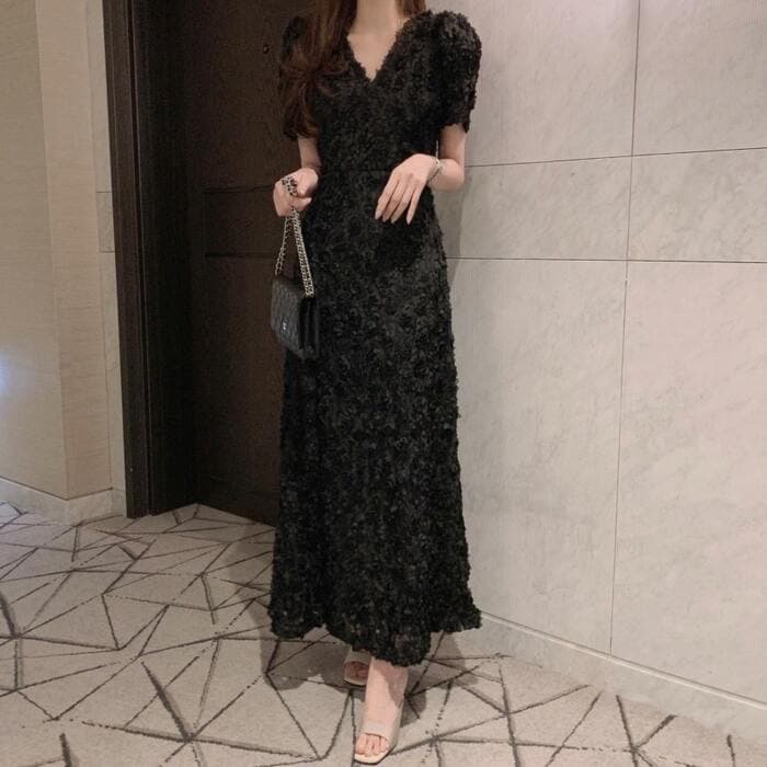 骨格ナチュラルパフスリーブVネック総フラワーレースデザインワンピース