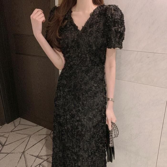 骨格ナチュラルパフスリーブVネック総フラワーレースデザインワンピース