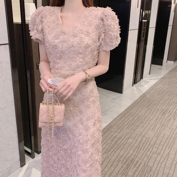骨格ナチュラルパフスリーブVネック総フラワーレースデザインワンピース