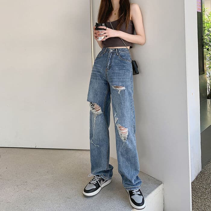 骨格ナチュラルダメージデニムストレートパンツ