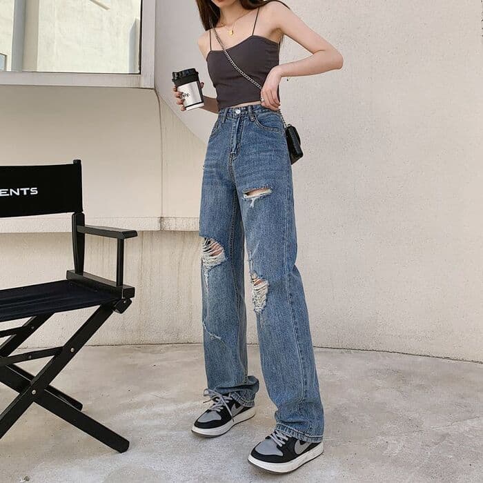 骨格ナチュラルダメージデニムストレートパンツ