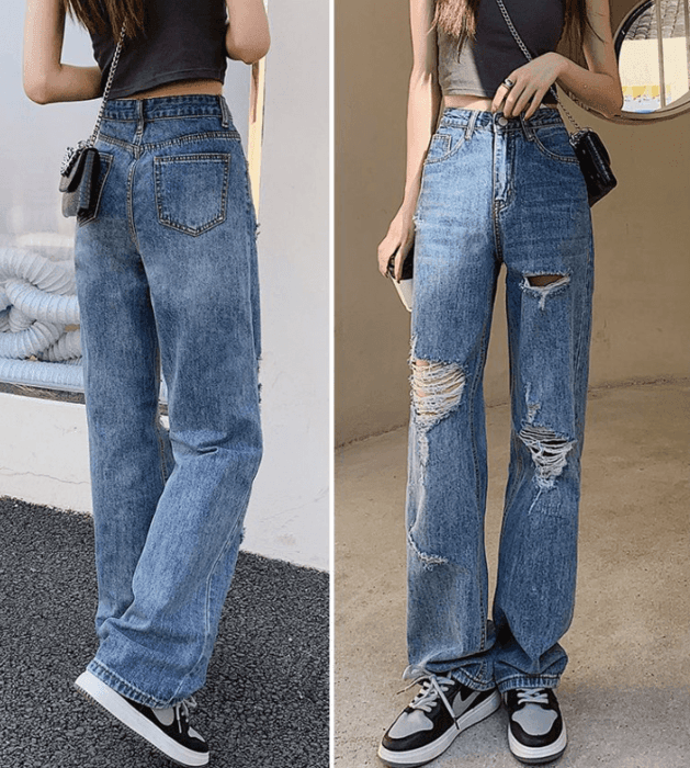 骨格ナチュラルダメージデニムストレートパンツ