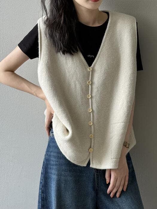 骨格ナチュラルVネックニットベスト