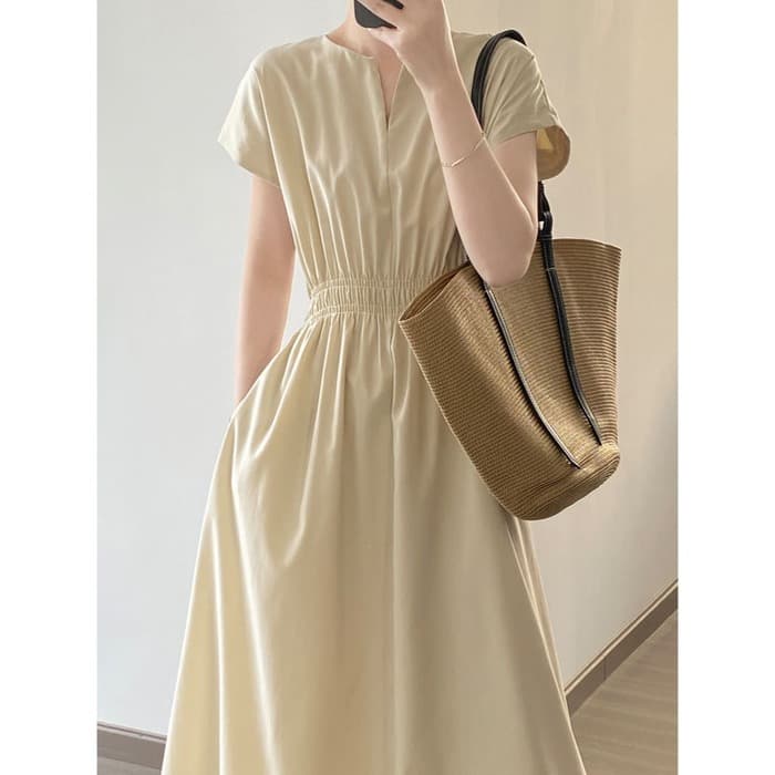 骨格ナチュラルVネックロングシャツワンピース