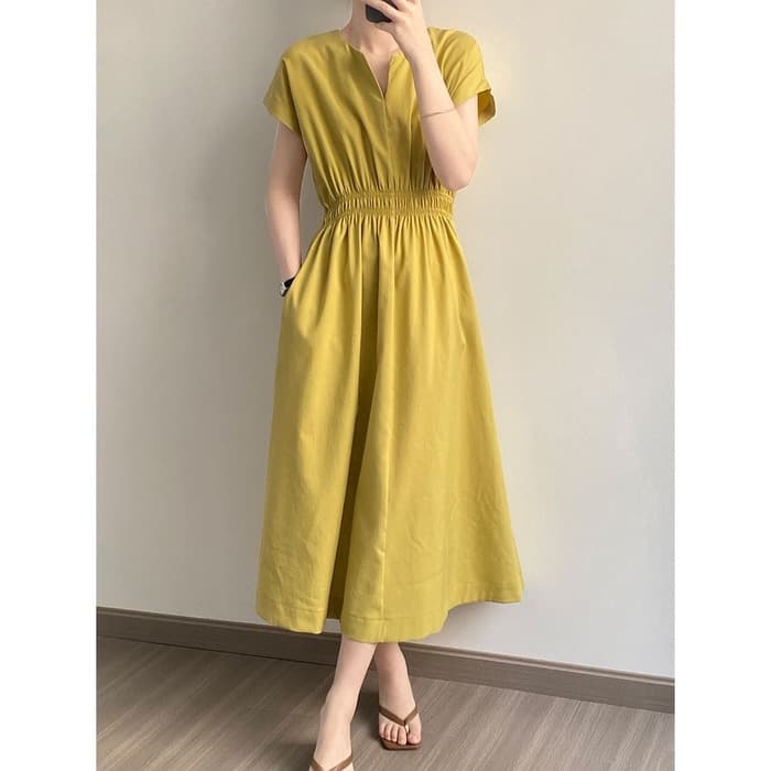 骨格ナチュラルVネックロングシャツワンピース