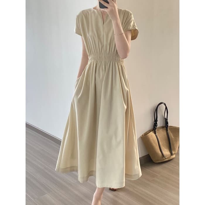 骨格ナチュラルVネックロングシャツワンピース