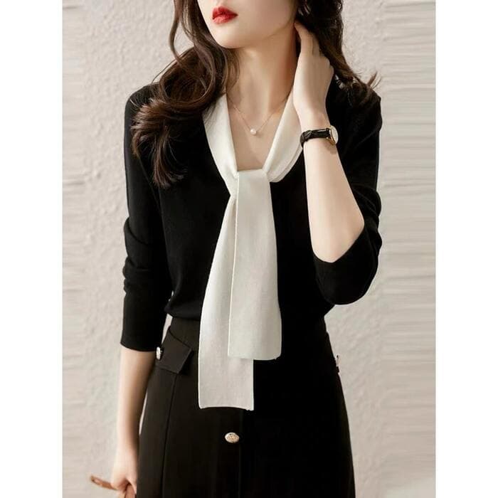 骨格ナチュラルボータイニットトップス