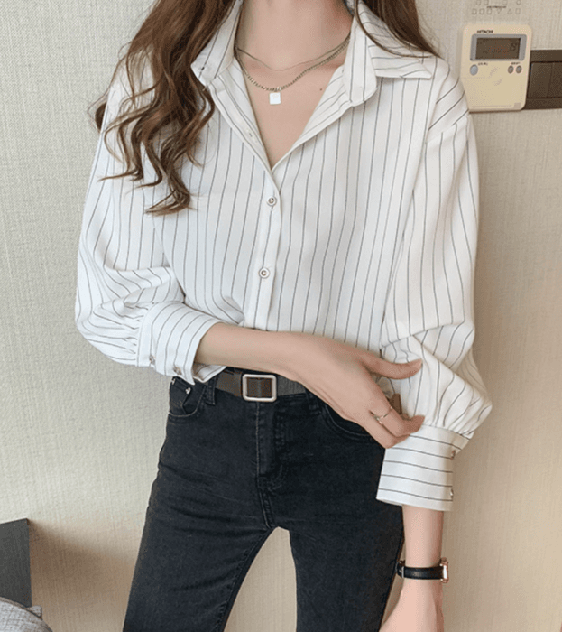 骨格ナチュラルストライプブラウストップス