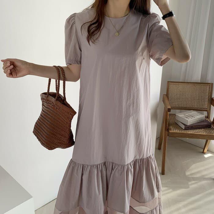 骨格ナチュラル切り替えシアーロングワンピース