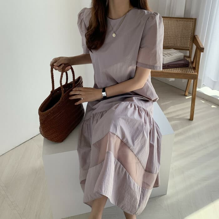 骨格ナチュラル切り替えシアーロングワンピース