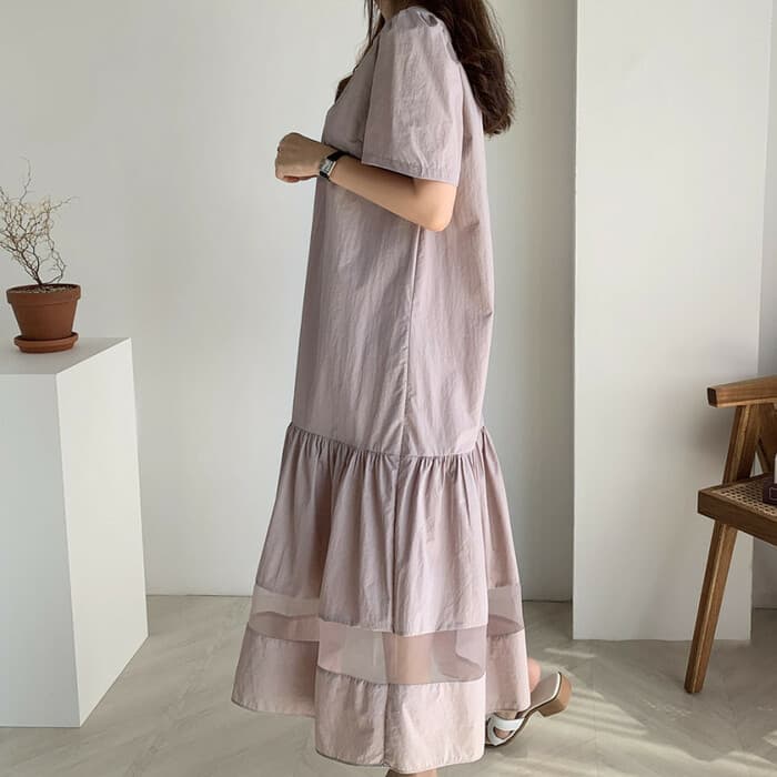 骨格ナチュラル切り替えシアーロングワンピース