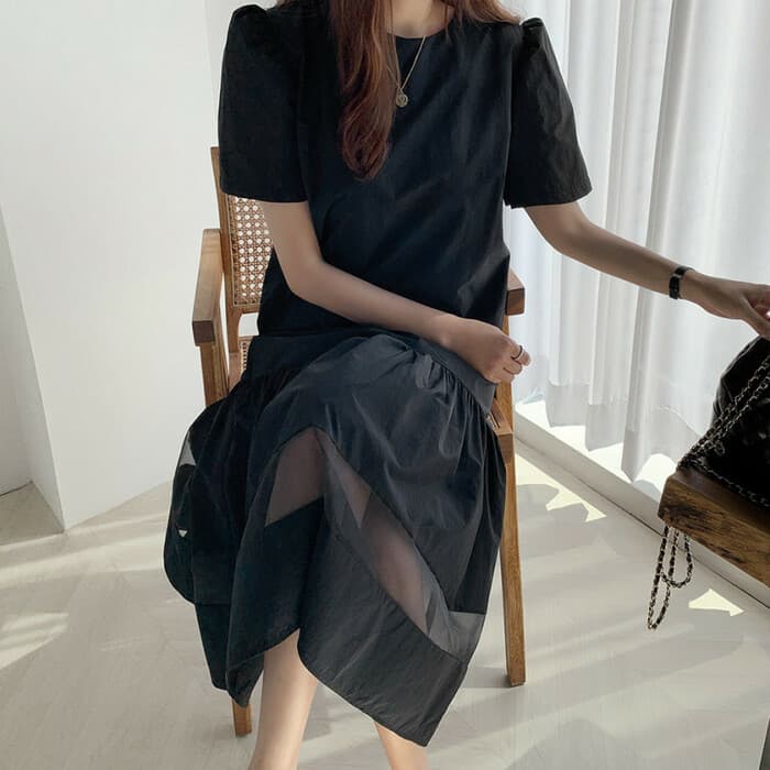 骨格ナチュラル切り替えシアーロングワンピース