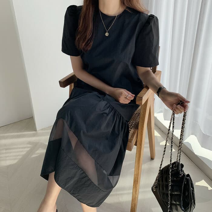 骨格ナチュラル切り替えシアーロングワンピース