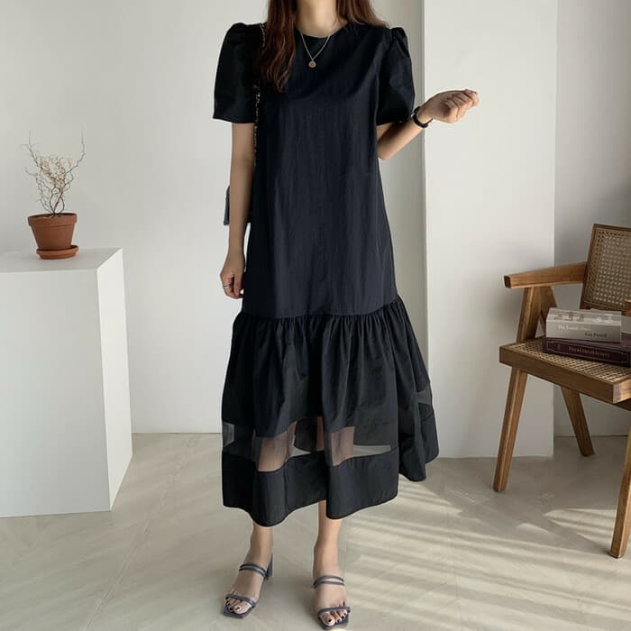 骨格ナチュラル切り替えシアーロングワンピース