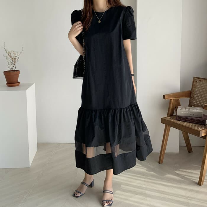 骨格ナチュラル切り替えシアーロングワンピース