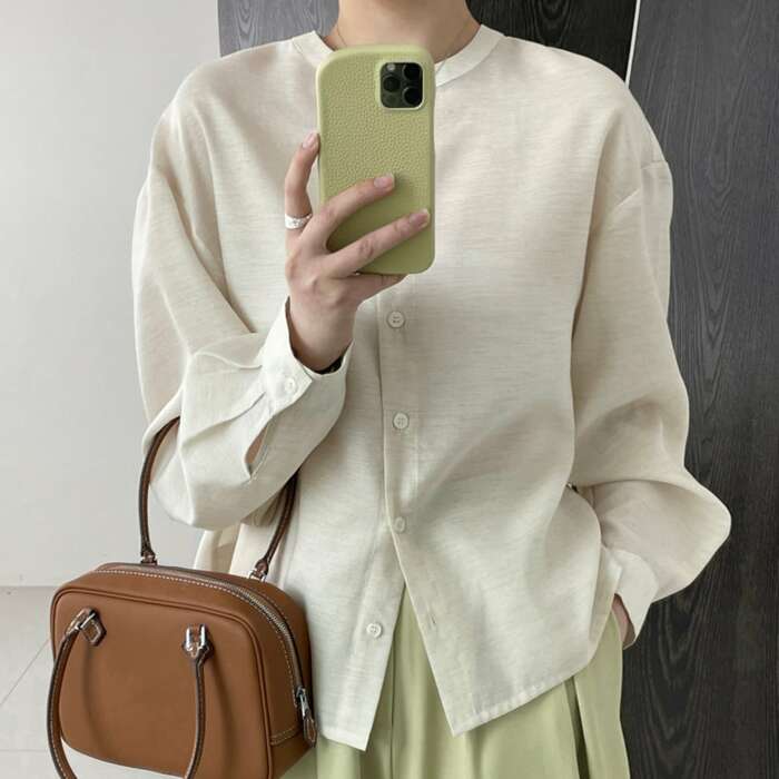 骨格ナチュラルラウンドネックシングルブレストシャツ