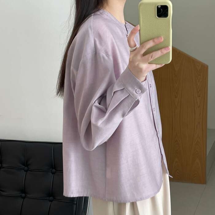 骨格ナチュラルラウンドネックシングルブレストシャツ