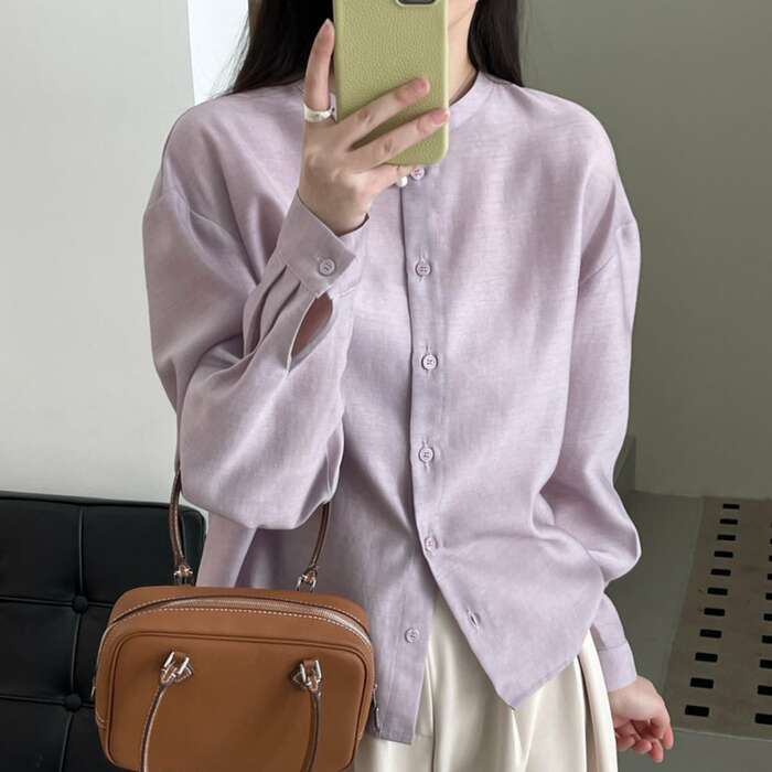 骨格ナチュラルラウンドネックシングルブレストシャツ
