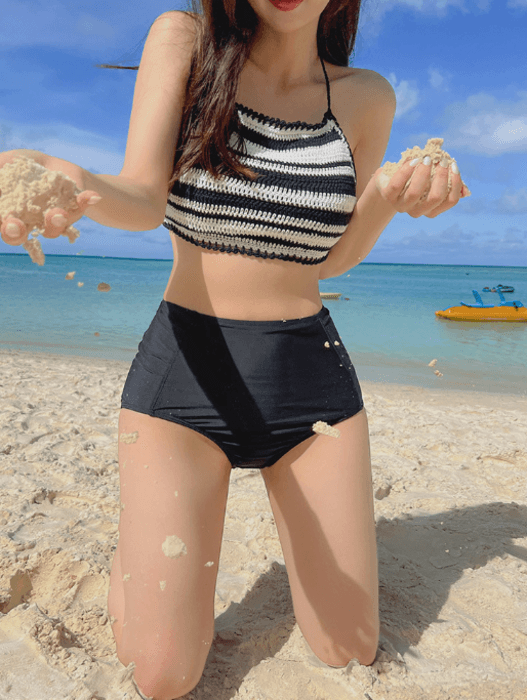 骨格ナチュラルマルチボーダー編み水着