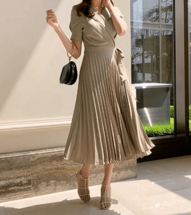 骨格ナチュラルカシュクールプリーツロングワンピース
