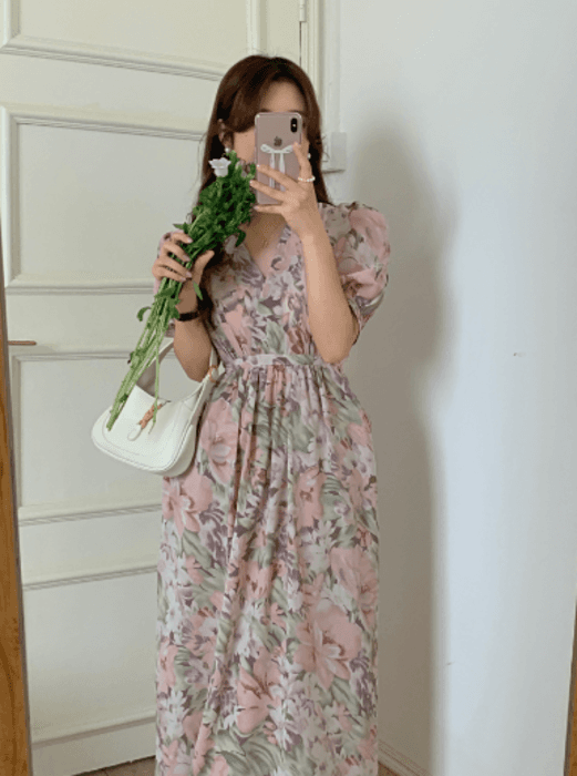 骨格ナチュラルカシュクール花柄ロングワンピース