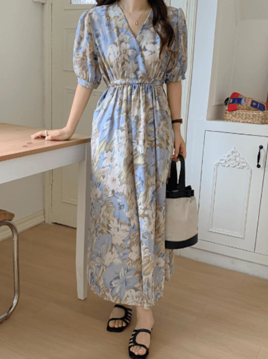 骨格ナチュラルカシュクール花柄ロングワンピース