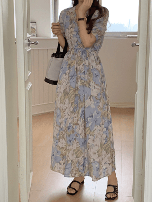 骨格ナチュラルカシュクール花柄ロングワンピース