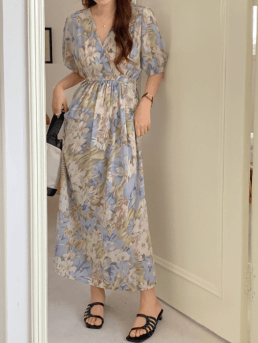 骨格ナチュラルカシュクール花柄ロングワンピース