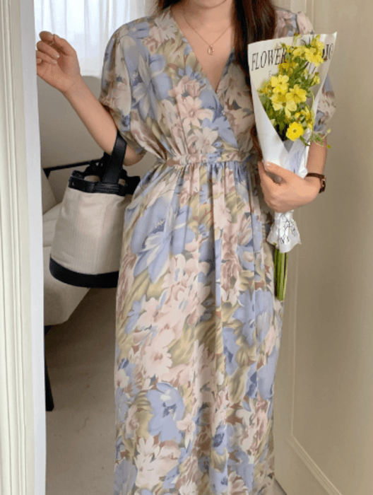骨格ナチュラルカシュクール花柄ロングワンピース