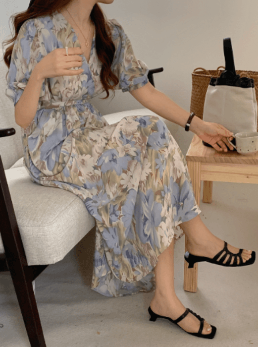 骨格ナチュラルカシュクール花柄ロングワンピース