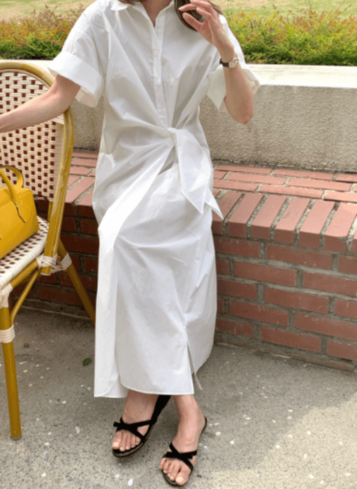骨格ナチュラルサイドリボンロングシャツワンピース