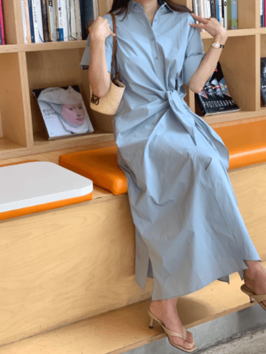 骨格ナチュラルサイドリボンロングシャツワンピース