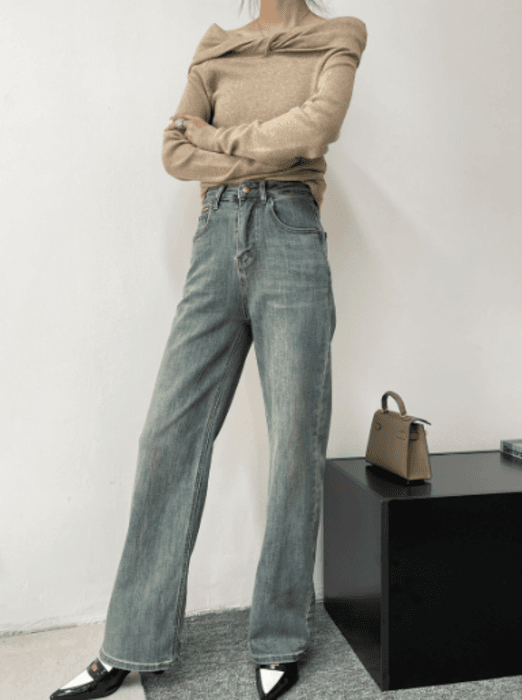 骨格ナチュラルレトロストレートデニムパンツ