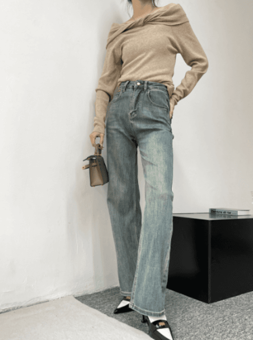 骨格ナチュラルレトロストレートデニムパンツ