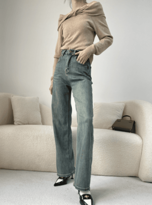 骨格ナチュラルレトロストレートデニムパンツ