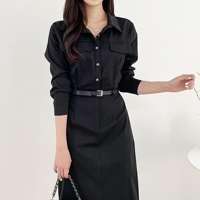 骨格ナチュラル ベルト付きロングワンピース