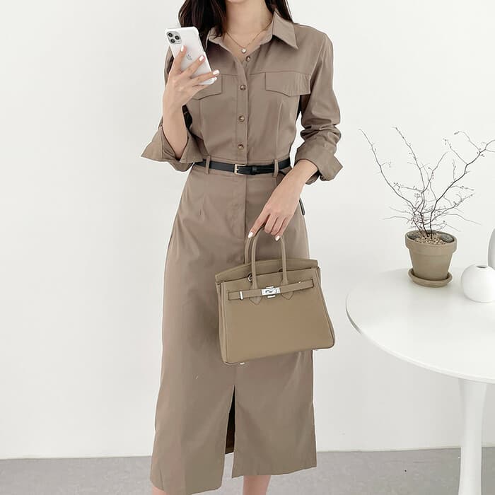 骨格ナチュラル ベルト付きロングワンピース