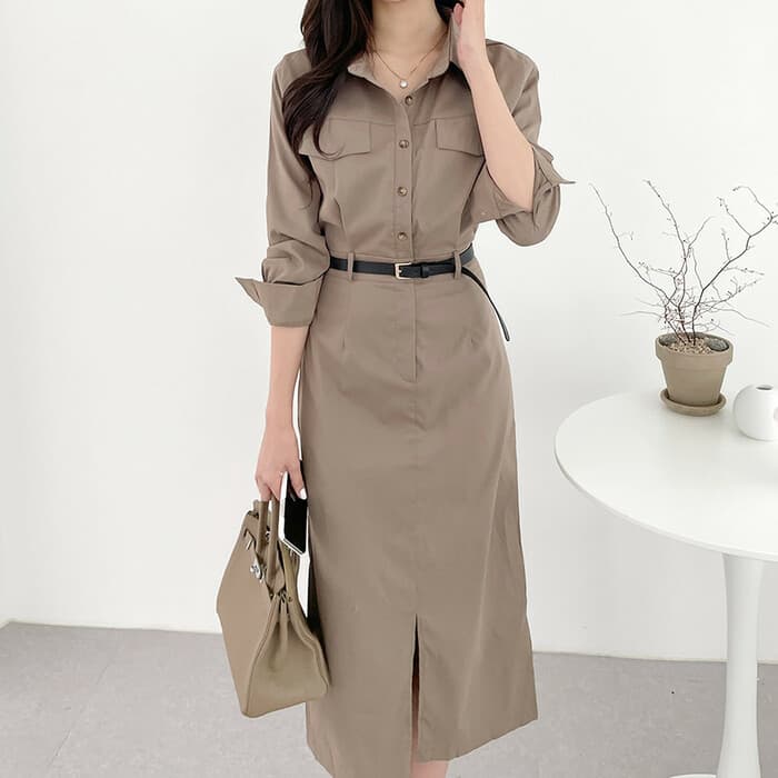 骨格ナチュラル ベルト付きロングワンピース