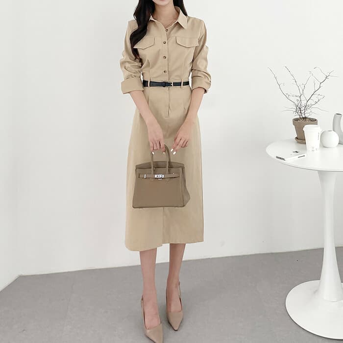 骨格ナチュラル ベルト付きロングワンピース