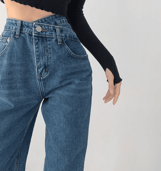 骨格ナチュラルウエストアクセントストレートデニムパンツ